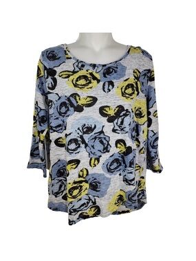 Ann Taylor LOFT Tee Top Womens Medium Floral Print Linen Gray Blue 3/4 Sleeve